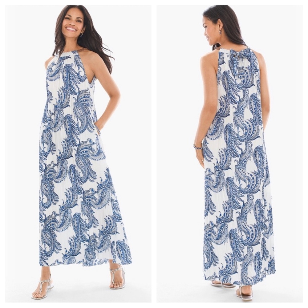 Chico’s blue white maxi dress faux leather braided